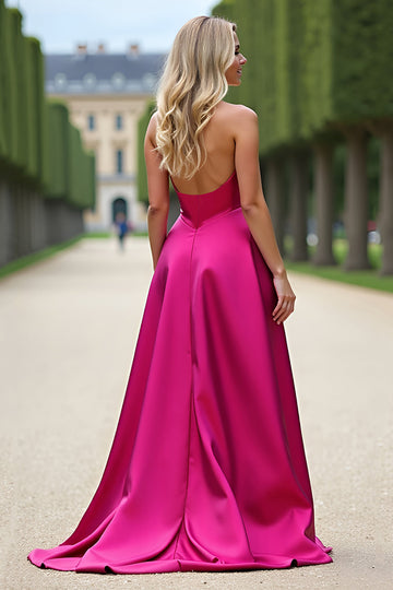 Fuchsia Axelbandslös A Line Balklänning Med Spalt